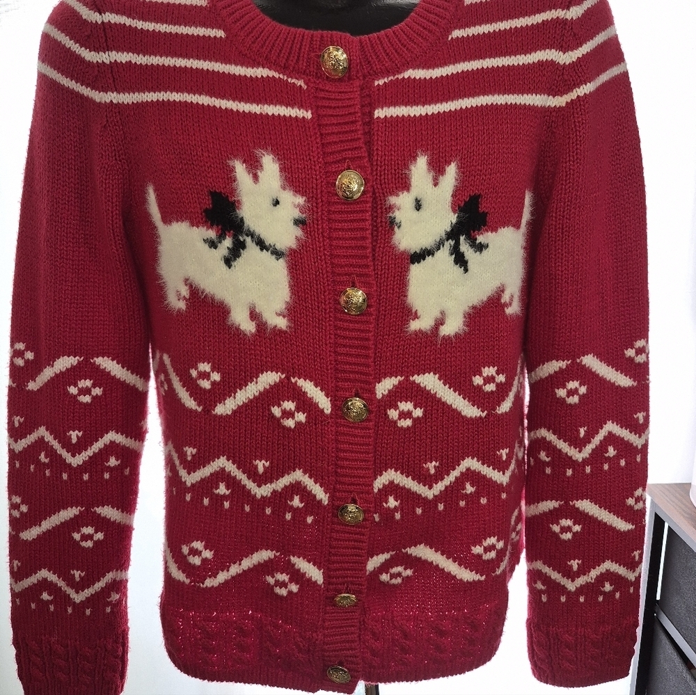 Talbots Crewneck Cardigan - Scottie Dog Fair Isle Womens Size Small Petite